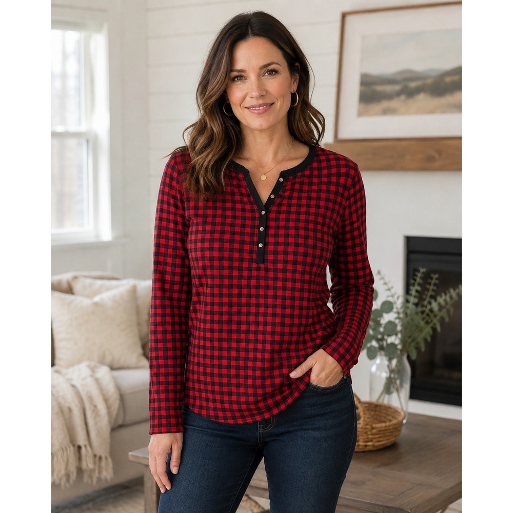 Chaps Henley Blouse Red Black Buffalo Plaid Long Sleeve Cotton Top L